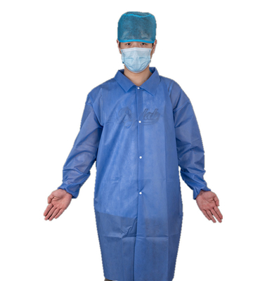 Hospital Use Dark Blue Medical Long Lab Coat With Snaps Closure And Shirt Collar