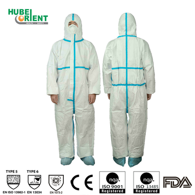 Category III Type4/5/6 Disposable MP Waterproof Coverall With 2-Pieces Hood And Blue Tape