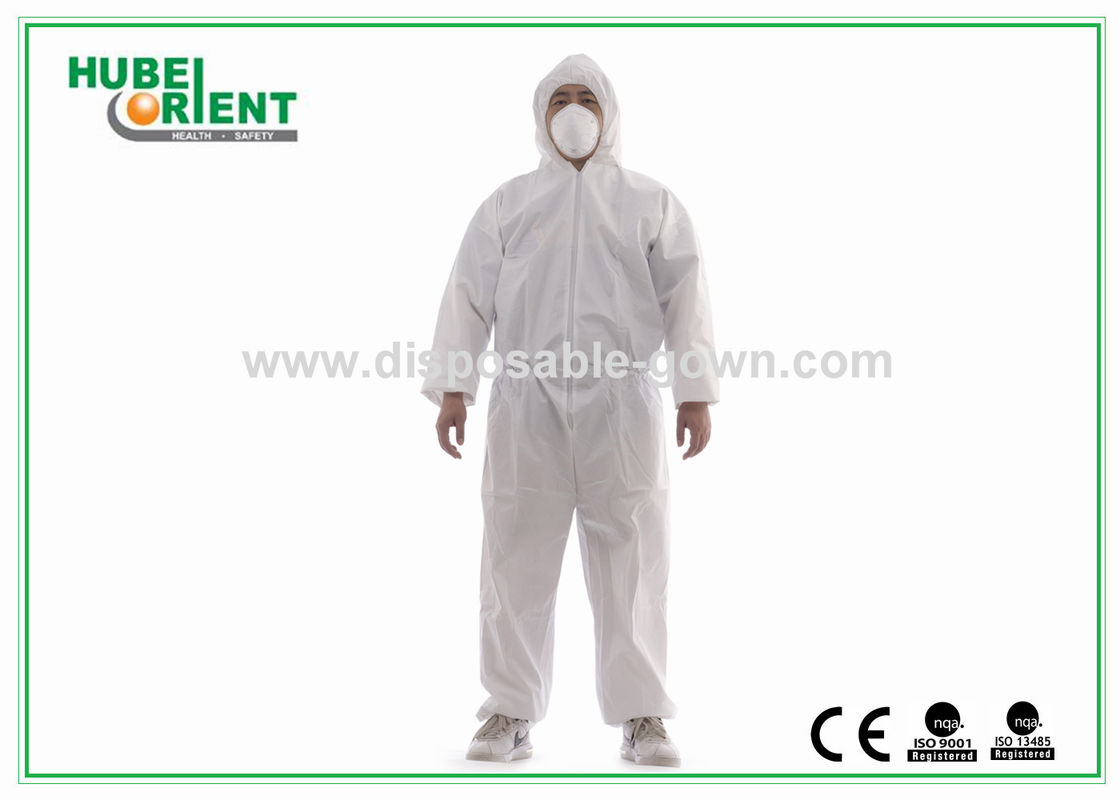 Durable Cleanroom SMS Disposable Hooded Coveralls 50gsm Zipper Front