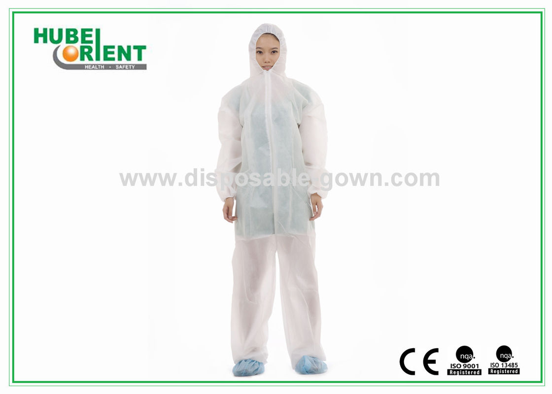 Protective White Non-Woven/SMS/PP+PE Disposable Use Coverall With Hood And Zip Closure For Lab