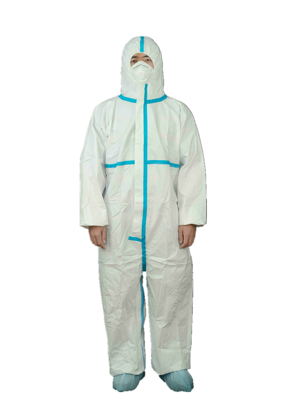 Hospital EN14126 Type4/5/6 Disposable MP Chemical Coverall With Blue Tape