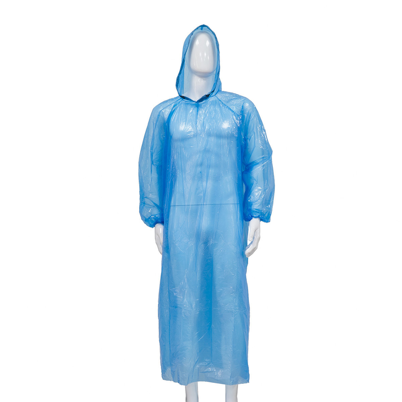 CE / ISO Blue / White Disposable Waterproof PE Plastic Rain Coat With Hood