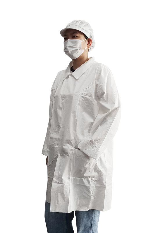 White Disposable Microporous Film Laminate Lab Coat With Pockets and snaps closure